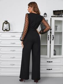 SHEIN Privé Contrast Dobby Mesh Lantern Sleeve Belted Jumpsuit - Black - View 3