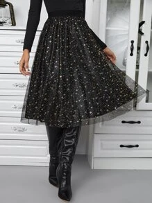SHEIN BAE Galaxy Print Mesh Overlay Skirt - Black - View 2