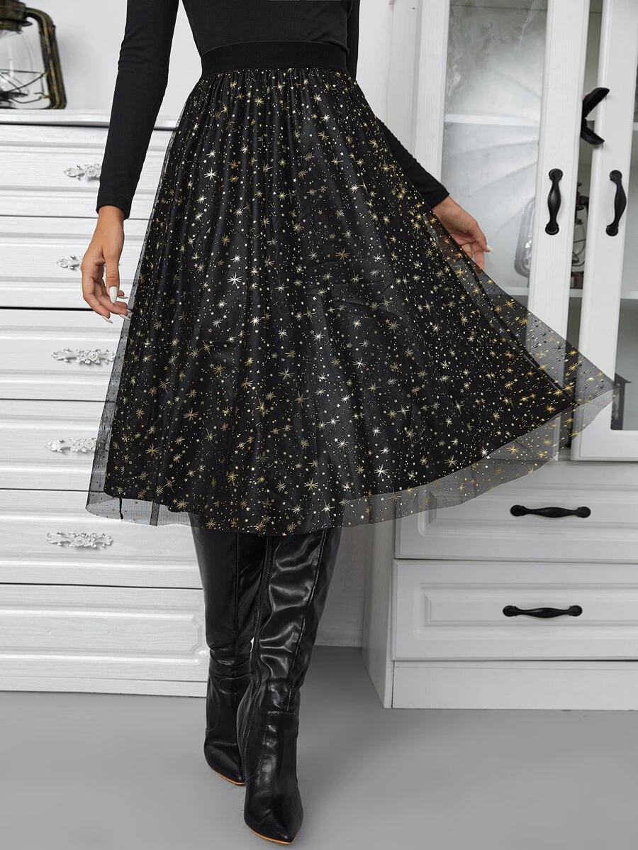 SHEIN BAE Galaxy Print Mesh Overlay Skirt
