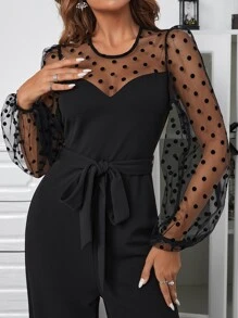 SHEIN Privé Contrast Dobby Mesh Lantern Sleeve Belted Jumpsuit - Black - View 4