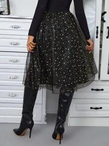 SHEIN BAE Galaxy Print Mesh Overlay Skirt - Black - View 3
