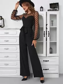 SHEIN Privé Contrast Dobby Mesh Lantern Sleeve Belted Jumpsuit - Black - View 1