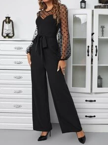 SHEIN Privé Contrast Dobby Mesh Lantern Sleeve Belted Jumpsuit - Black - View 5