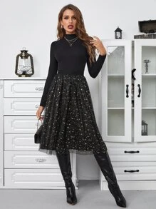 SHEIN BAE Galaxy Print Mesh Overlay Skirt - Black - View 6