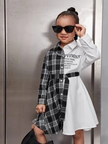 SHEIN 年輕女孩標語圖案腰帶格紋襯衫裙 - 黑與白 - 查看 6