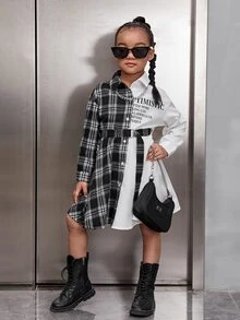 SHEIN 年輕女孩標語圖案腰帶格紋襯衫裙 - 黑與白 - 查看 5