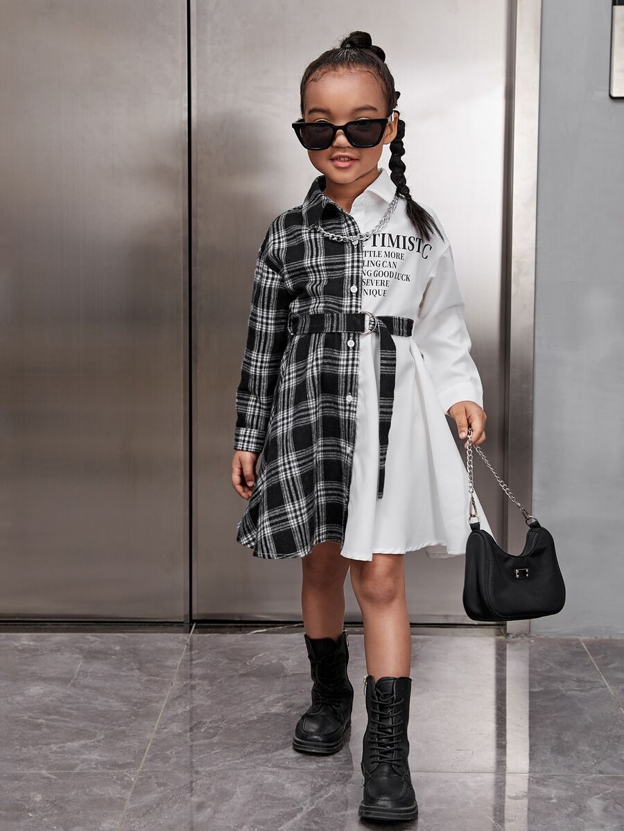 SHEIN 年輕女孩標語圖案腰帶格紋襯衫裙 - 黑與白 - 查看 1