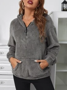 SHEIN LUNE Capucha teddy con cremallera media con bolsillo de canguro - Gris - Ver 1