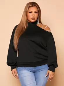 SHEIN SXY Plus Rhinestone Detail Asymmetrical Neck Sweatshirt - Black - View 1