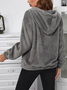 SHEIN LUNE Capucha teddy con cremallera media con bolsillo de canguro - Gris - Ver 2
