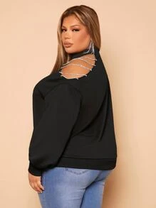 SHEIN SXY Plus Rhinestone Detail Asymmetrical Neck Sweatshirt - Black - View 2