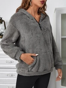 SHEIN LUNE Capucha teddy con cremallera media con bolsillo de canguro - Gris - Ver 6