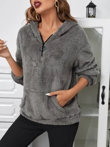 SHEIN LUNE Capucha teddy con cremallera media con bolsillo de canguro - Gris - Ver 5