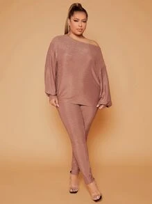 SHEIN SXY Plus Glitter Asymmetrical Neck Bishop Sleeve Top & Trousers - Apricot - View 1