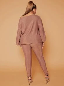 SHEIN SXY Plus Glitter Asymmetrical Neck Bishop Sleeve Top & Trousers - Apricot - View 2