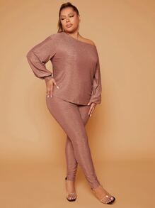 SHEIN SXY Plus Glitter Asymmetrical Neck Bishop Sleeve Top & Trousers - Apricot - View 3