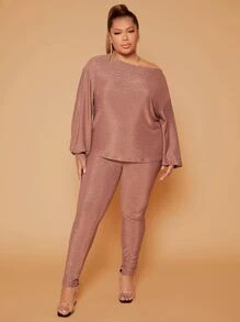 SHEIN SXY Plus Glitter Asymmetrical Neck Bishop Sleeve Top & Trousers - Apricot - View 4