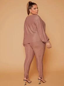 SHEIN SXY Plus Glitter Asymmetrical Neck Bishop Sleeve Top & Trousers - Apricot - View 5