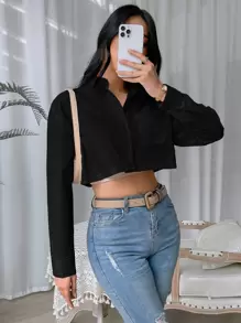 SHEIN EZwear Áo sơ mi nữ Túi Nút phía trước màu trơn Giải trí - màu đen - Xem 1