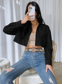 SHEIN EZwear Áo sơ mi nữ Túi Nút phía trước màu trơn Giải trí - màu đen - Xem 3
