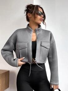 SHEIN Unity Flap Pocket Drawstring Hem Crop Jacket - Grey - View 1