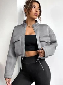 SHEIN Unity Flap Pocket Drawstring Hem Crop Jacket - Grey - View 6