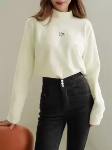 DAZY Embroidery Detail Mock Neck Fleece Tee - White - View 5