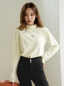 DAZY Embroidery Detail Mock Neck Fleece Tee - White - View 6