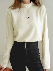 DAZY Embroidery Detail Mock Neck Fleece Tee - White - View 7