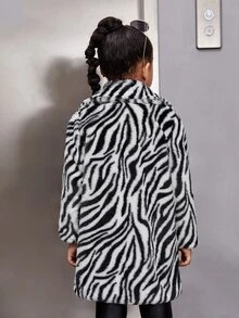 SHEIN Toddler Girls Zebra Striped Pattern Fuzzy Coat - Black and White - View 2