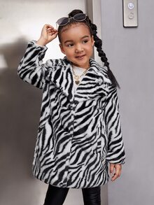 SHEIN Toddler Girls Zebra Striped Pattern Fuzzy Coat - Black and White - View 5