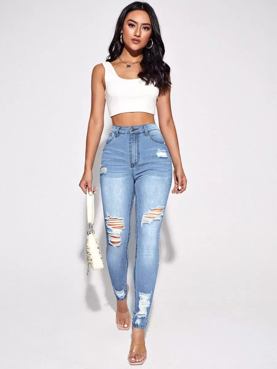 SHEIN Essnce Quần jean rách - Rửa nhẹ - Xem 1
