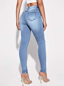 SHEIN Essnce Quần jean rách - Rửa nhẹ - Xem 3