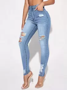 SHEIN Essnce Quần jean rách - Rửa nhẹ - Xem 4