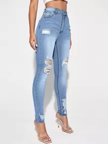 SHEIN Essnce Quần jean rách - Rửa nhẹ - Xem 5