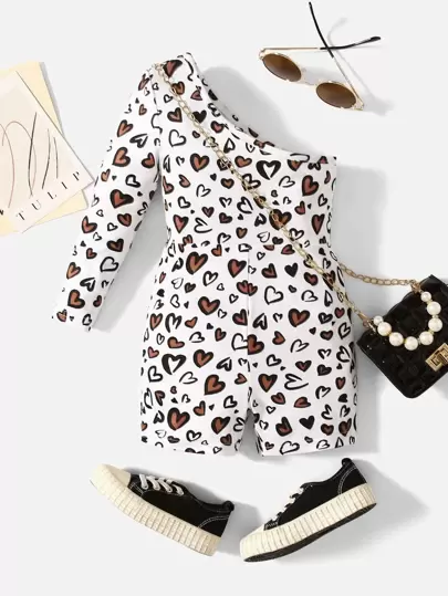 SHEIN Baby Girl One Shoulder Heart Pattern Romper, Comfortable, Cute And Sweet, Suitable For Summer