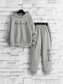 SHEIN Boys Letter Graphic Hoodie & Sweatpants - Light Grey - View 1