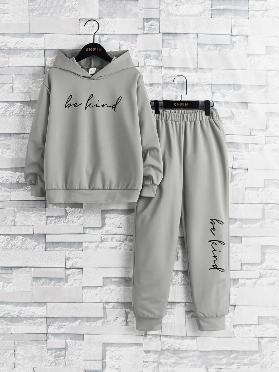 SHEIN Boys Letter Graphic Hoodie & Sweatpants - Light Grey - View 1