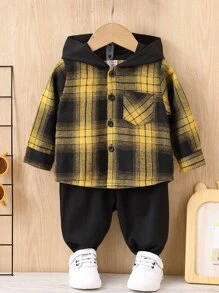 男嬰格紋補丁貼口袋連帽襯衫和運動褲