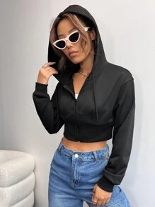 SHEIN EZwear Solid Crop Drawstring Hooded Jacket In Fall/Winter - Black - View 4
