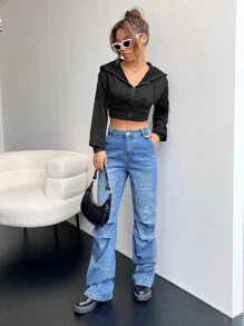 SHEIN EZwear Solid Crop Drawstring Hooded Jacket In Fall/Winter - Black - View 5