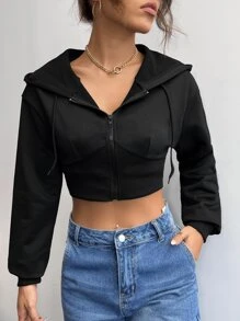 SHEIN EZwear Solid Crop Drawstring Hooded Jacket In Fall/Winter - Black - View 6