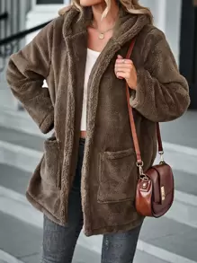 SHEIN LUNE Dual Pockets Hooded Teddy Coat - Brown - View 1
