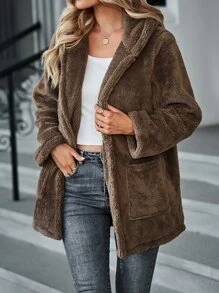 SHEIN LUNE Dual Pockets Hooded Teddy Coat - Brown - View 3