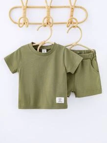 男嬰字母貼布T恤帶運動短褲 - 軍綠色 - 查看 1