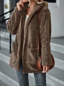 SHEIN LUNE Dual Pockets Hooded Teddy Coat - Brown - View 4