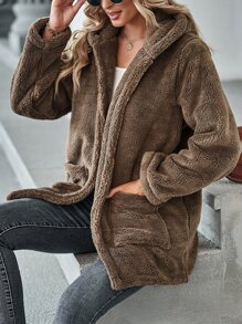 SHEIN LUNE Dual Pockets Hooded Teddy Coat - Brown - View 5