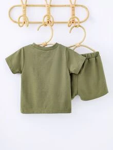 男嬰字母貼布T恤帶運動短褲 - 軍綠色 - 查看 2