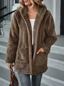 SHEIN LUNE Dual Pockets Hooded Teddy Coat - Brown - View 6