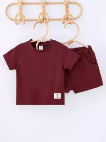 Baby Boy Letter Patched Tee With Track Shorts - Burgundy - View 1
